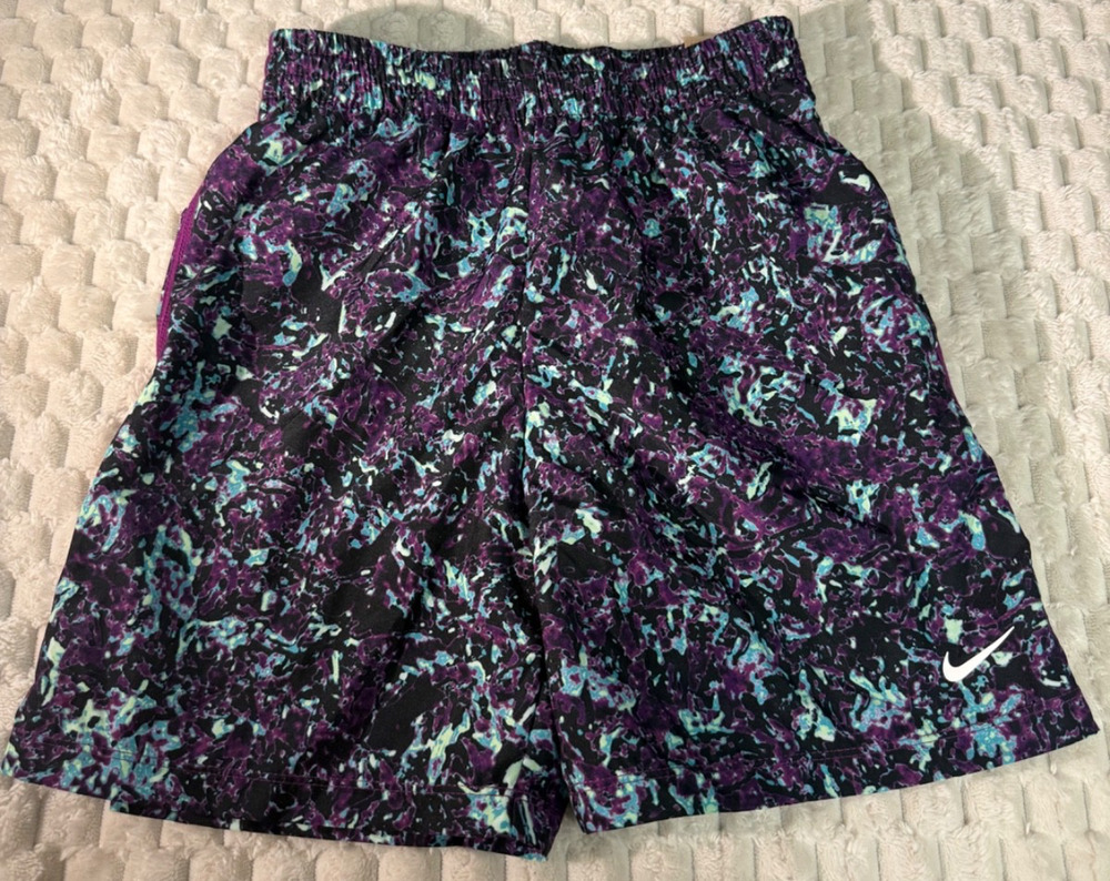 Nike Kids Training Shorts Size M Purple Teal Abstract Print Standard Fit NWT